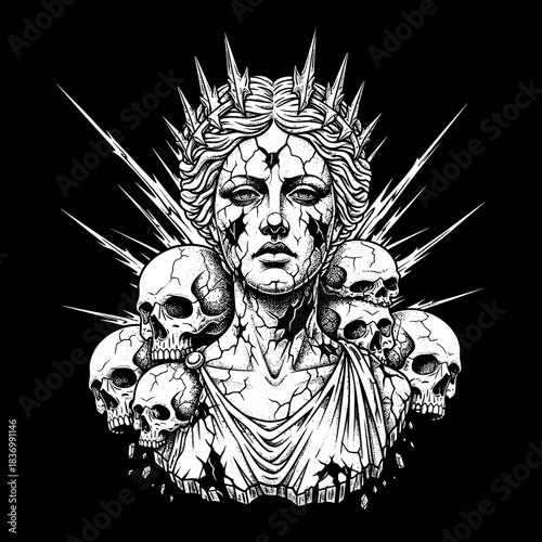Gothic Statue of a Woman Surrounded by Skulls and Spikes.