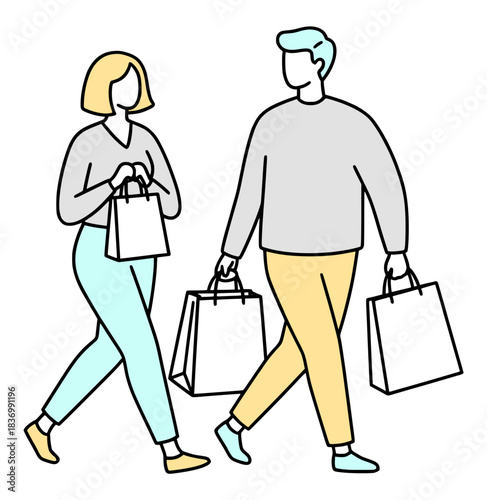 ショッピングをするカップルのイラスト：買い物とセール（シンプルな線画・ベクター）