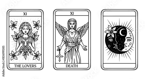 Tarot cards illustration featuring The Lovers Death and a celestial design.