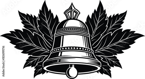 Bell, maple, leaves, vintage, black, white, ornate, crown, clapper, nature, Canada, symbol, vector, illustration, emblem, decorative, autumn, seasonal, traditional, cad drawing flat vector illustrati