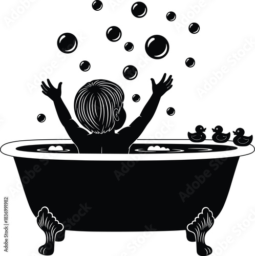 Child in bathtub, bubble play, rubber ducks, clawfoot tub, joyful bath time, silhouette style, cad drawing flat vector illustration