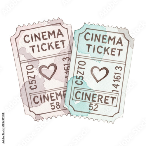 Vintage Cinema Tickets with Hearts, Romantic Movie Entry Passes, Retro Admission Stubs, Nostalgic Entertainment, Pair of Tickets for Date Night, Love Story Film, Classic Entertainment Design