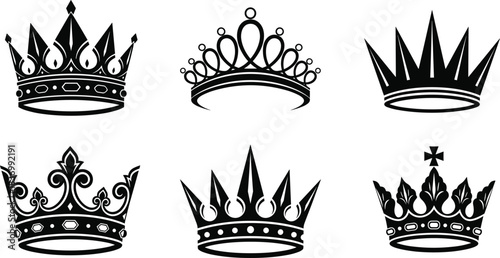 Crown, royalty, black, white, silhouette, vector, illustration, regal, king, queen, elegant, ornate, classic, vintage, throne, jewel, symbol, majestic, design, cad drawing flat vector illustration