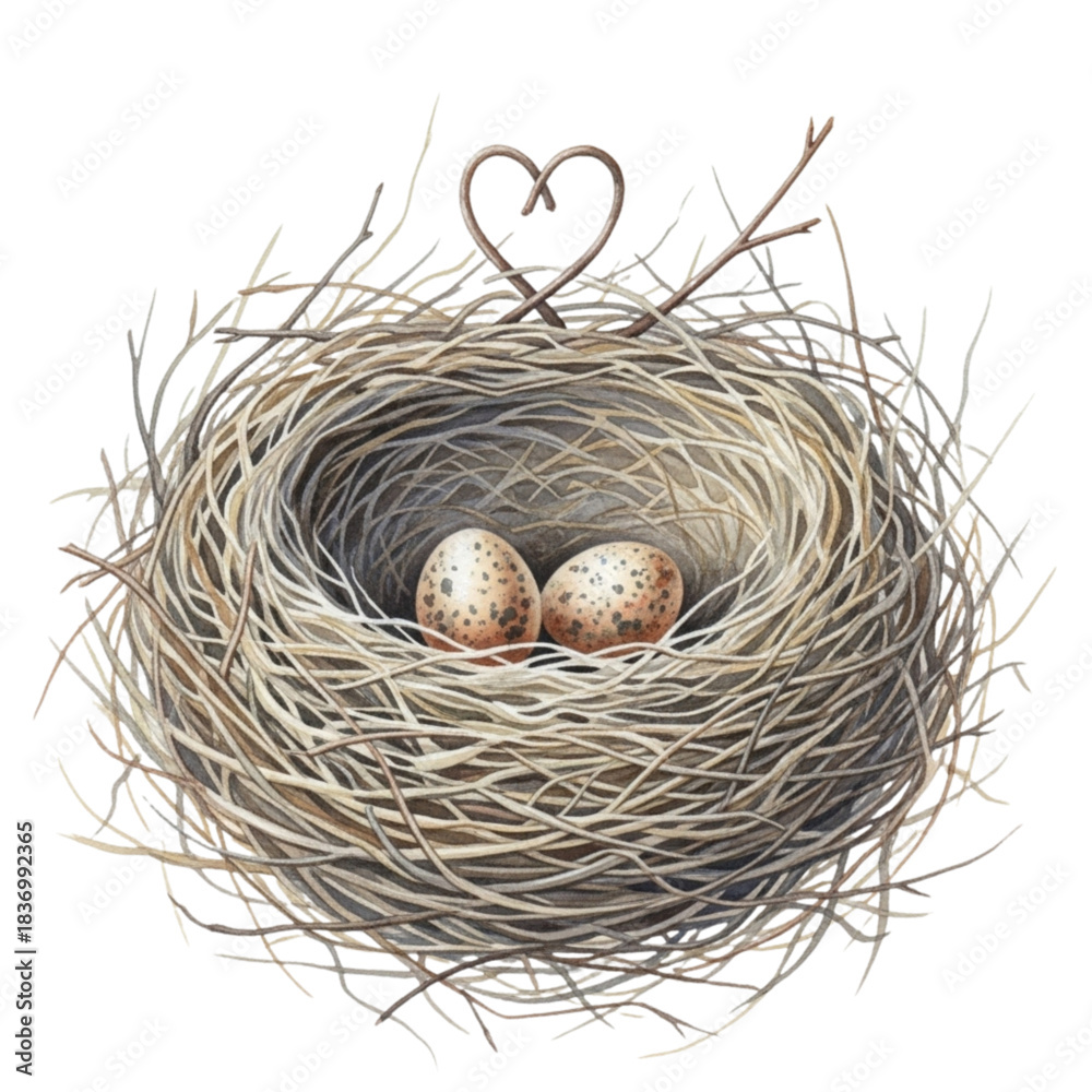 Fototapeta premium Cozy Bird's Nest with Two Speckled Eggs and Heart Ornament - Symbol of Home, Love, New Beginnings, Family, Nature