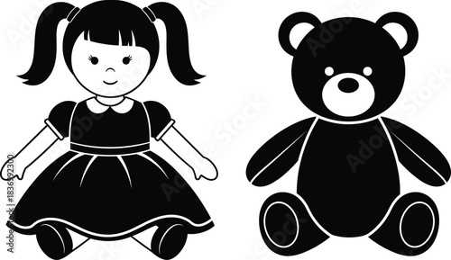 Doll and teddy bear silhouette, classic toys, childhood playtime, black vector art, nursery elements, cad drawing flat vector illustration