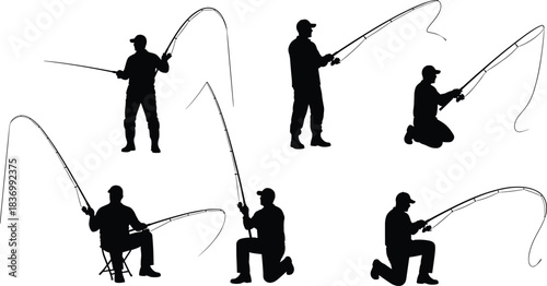 Fishing silhouette poses, standing angler, sitting fisherman, kneeling posture, rod tension, outdoor sport, black vector style, cad drawing flat vector illustration