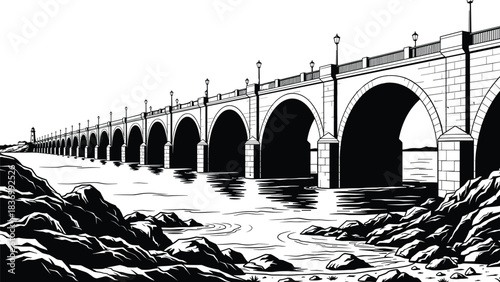 Historic arched bridge over river, architectural landmark, black and white style, street lamps, lighthouse, scenic reflection, rocky terrain, cad drawing flat vector illustration