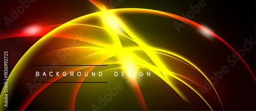 Abstract design features vibrant yellow, orange, red curves. Dark background emphasizes bright light effects, creating dynamic visual impact.