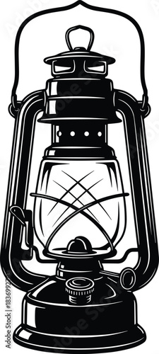   Lantern, kerosene, vintage, black, white, silhouette, vector, illustration, glass, metal, wick, handle, fuel, classic, emergency, outdoor, lighting, retro, design, cad drawing flat vector illustrati