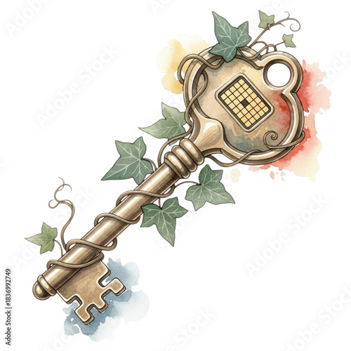 Antique Key with Ivy and Watercolor Splashes: Vintage Secret, Mystery, Magic, Unlock, Discovery, Old Treasure, Fantasy Element, Botanical Illustration