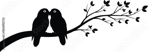 Love birds silhouette, romantic moment, perched on branch, nature scene, emotional connection, black vector art, cad drawing flat vector illustration