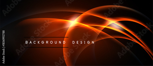 Dark background features vibrant orange curves, lines. Bright central glow creates dynamic visual effect. Text reads background design.