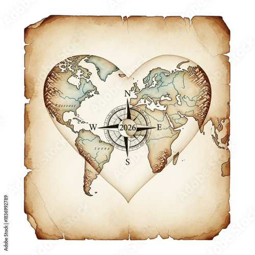 Heart-shaped World Map Compass Antique Parchment - Travel Love, Exploration, Vintage Discovery, Adventure Journey, Global Connection, Romantic Navigation