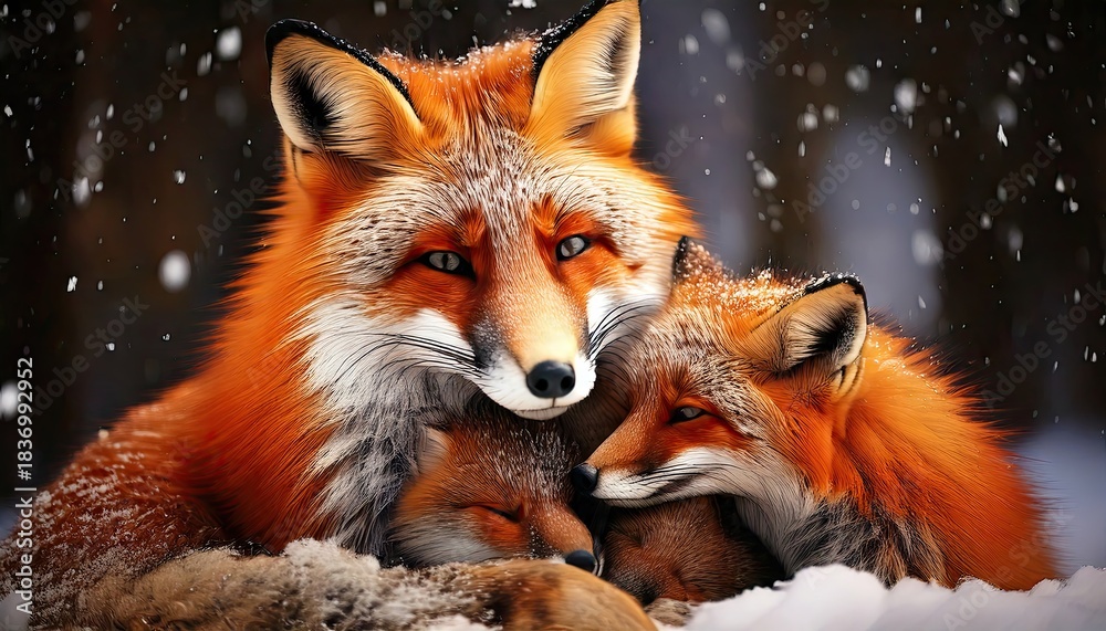 Obraz premium Family of Foxes Cuddling Together in Winter