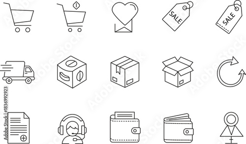 Minimalist Thin Line E-commerce and Online Shopping Vector Icon Set: Cart, Delivery, Sale Tags, Wallet, and Customer Support Icons for Mobile App UI