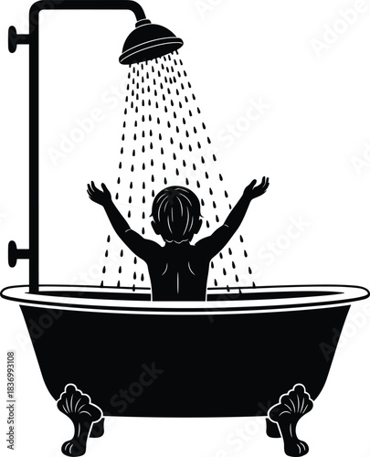 Shower silhouette, vintage bathtub, water droplets, standing figure, daily hygiene, clawfoot tub, bathroom scene, cad drawing flat vector illustration