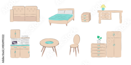 A set of vector images of furniture elements (bed, bedside table, desk, kitchen set, dining table, chair, wardrobe)