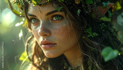 A woman with green eyes wearing a leafy crown looks into the distance in a sun-dappled forest