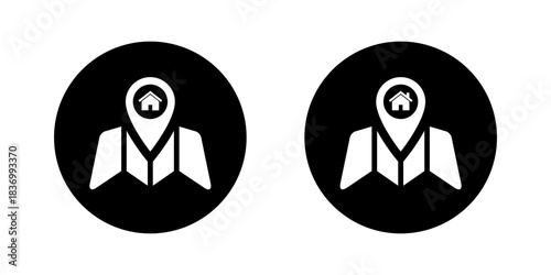 Home location map icon in black circle. House navigation symbol