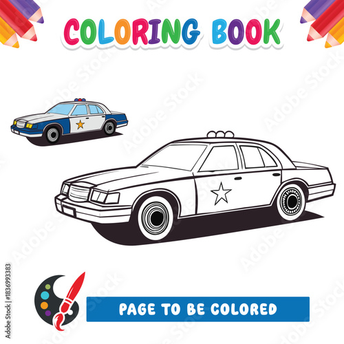 Coloring book for kids police car illustration isolated on white background