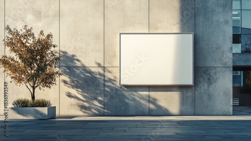 A minimalist outdoor billboard mockup on a concrete wall beside a tree casting shadows, illuminated by natural light, advertising, branding, marketing, promotion, design and creative presentation.