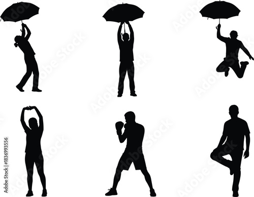 Umbrella poses, jumping silhouette, heart gesture, boxing stance, balanced figure, expressive movement, cad drawing flat vector illustration