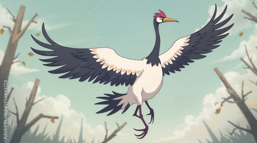 Obraz premium Flying crane with outstretched wings — symbol of longevity, harmony and spiritual flight, perfect for luck festivals or Asian celebrations