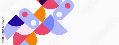 Abstract geometric shapes overlap, creating vibrant colorful composition. Soft pastel hues dominate design, offering modern aesthetic.