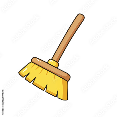 Cartoon golden broom sweeping tool with wooden handle and yellow bristles for cleaning and housekeeping tasks transparent background
