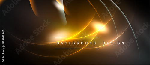 Abstract golden lines, curves, shapes create dynamic background. Dark tones contrast bright illumination, modern design element.