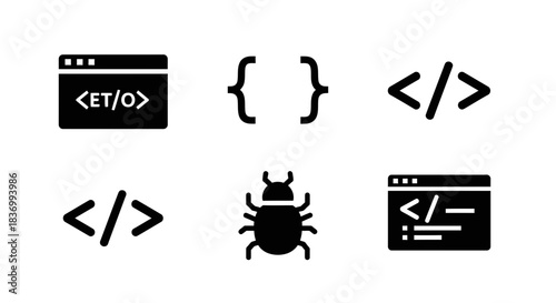 Modern coding icons and bug symbol represent development challenges and solutions for software innovation and digital projects