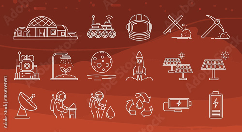Explore Martian colonization with futuristic icons depicting habitats, rovers, astronauts, and sustainable energy solutions for space exploration projects.