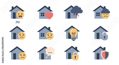 Diverse home emotions icons symbolizing happiness, sadness, security, and ideas for real estate and lifestyle concepts