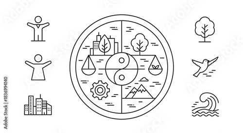 Harmony between nature, city, and humanity visualized with balanced elements and symbols of life, progress, and environment