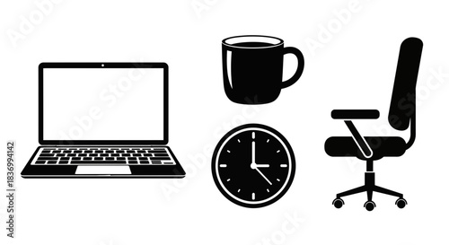 Essential modern office setup featuring a sleek laptop, comfortable chair, timely clock, and refreshing coffee mug for productive workdays