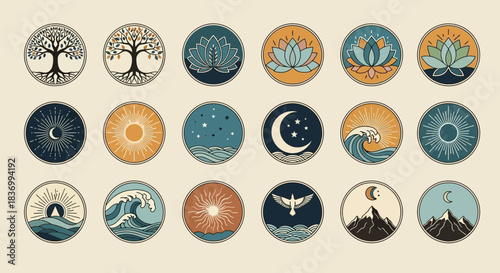 Discover serene nature icons featuring trees, lotuses, sun, moon, waves, mountains, and birds for holistic wellness and spiritual branding.