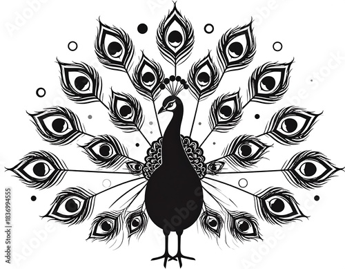Silhouette illustration of a proud bird with spread tail feathers, black & white decorative design