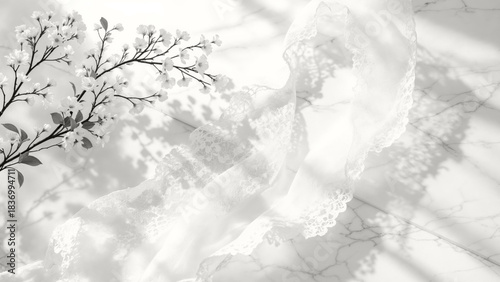 Elegant lace ribbon and cherry blossoms creating beautiful shadows on a white marble background. Modern trendy tone hue shade color of the year 2026