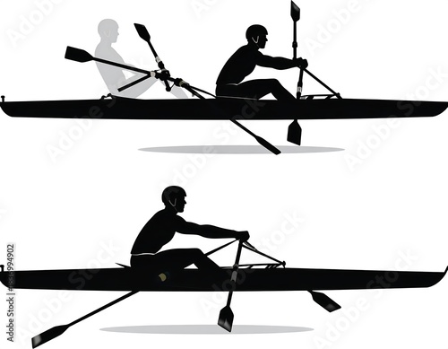 Silhouette illustrations showcase two rowers in single and double sculls. Active scene. Sport. Competition