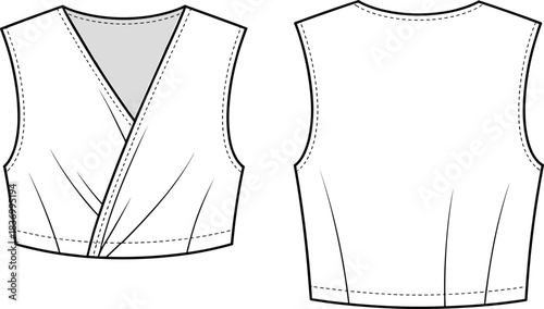 Elegant sleeveless wrap front women’s top fashion CAD flat sketch with detailed sewing lines, technical illustration design for apparel production
