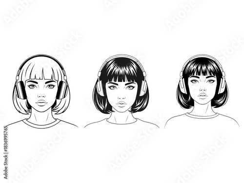 Girl with Short Bob Hair and Headphones Looking at Viewer.