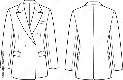 Elegant double breasted women blazer fashion template with sharp lapel details and tailored silhouette, cad drawing flat vector illustration