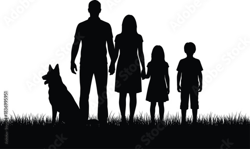 Family silhouette with dog on grass, black and white illustration, outdoor unity scene, parenting and pet companionship concept, white background
