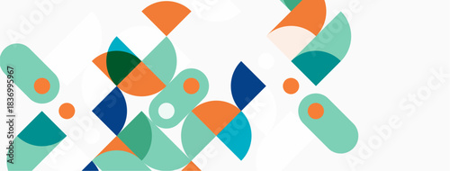 Abstract geometric shapes overlap, creating colorful composition. Teal, orange, blue hues dominate simple design. Modern aesthetic.
