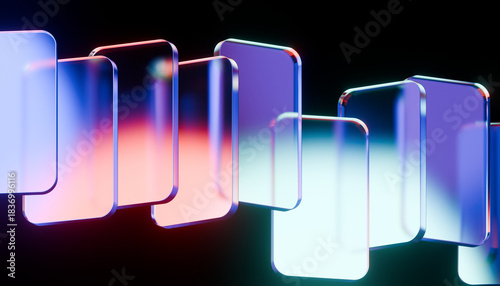 Colorful abstract glass panels with gradient lighting create futuristic and vibrant visual effect