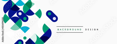 Abstract geometric shapes overlap, creating dynamic visual texture. Blue, green hues dominate white space. Modern design element.