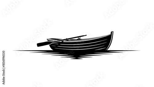 A wooden fishing boat rests on a white background and floats on the calm blue water of a tropical Thailand island beach under a clear summer sky