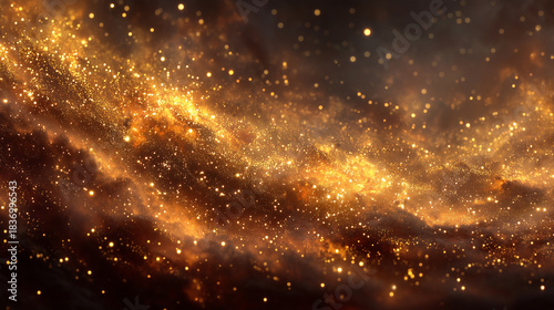Magic galaxy of golden dust particles in red fluid. Gold particles sparkling stains in overflows on red. Abstract shiny glittering background.