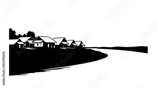 A vector illustration of a house and houses by the sea with a silhouette of a travel ship on the ocean water under a sunset sky