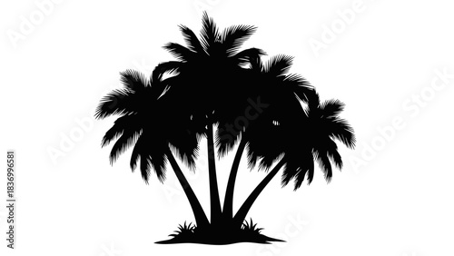 A tropical sunset vector illustration featuring a palm tree silhouette against a beach landscape with a sea and sky background for summer travel design